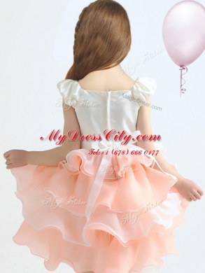 Scoop Knee Length Peach Toddler Flower Girl Dress Organza Cap Sleeves Ruffled Layers and Hand Made Flower