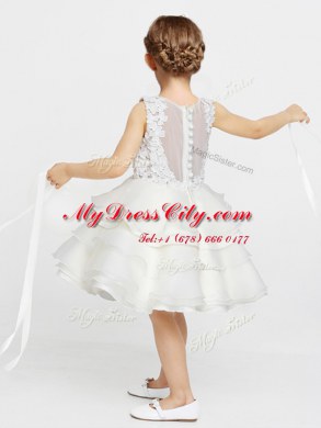 Scoop White Sleeveless Knee Length Appliques and Ruffles Clasp Handle Toddler Flower Girl Dress