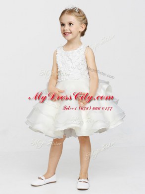 Scoop White Sleeveless Knee Length Appliques and Ruffles Clasp Handle Toddler Flower Girl Dress