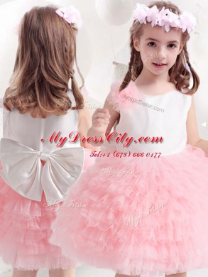 Nice Ruffled Ball Gowns Flower Girl Dress Pink And White Scoop Tulle Sleeveless Knee Length Side Zipper