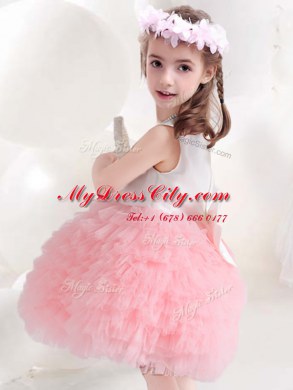 Nice Ruffled Ball Gowns Flower Girl Dress Pink And White Scoop Tulle Sleeveless Knee Length Side Zipper