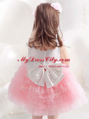 Nice Ruffled Ball Gowns Flower Girl Dress Pink And White Scoop Tulle Sleeveless Knee Length Side Zipper