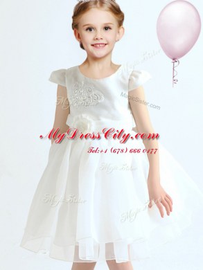 Scoop White Cap Sleeves Appliques and Bowknot and Hand Made Flower Mini Length Flower Girl Dresses