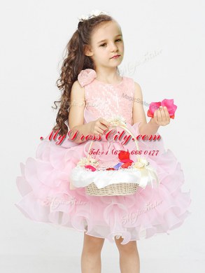 Fantastic Scoop Sleeveless Mini Length Lace and Ruffles Zipper Flower Girl Dress with Pink