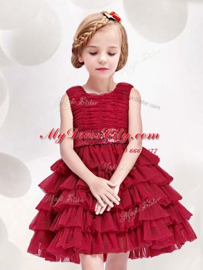 Customized Sequins Ruffled Scoop Sleeveless Zipper Flower Girl Dresses Red Tulle