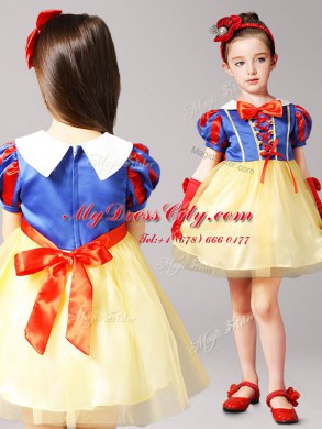 Blue and Yellow High-neck Neckline Bowknot Toddler Flower Girl Dress Short Sleeves Zipper