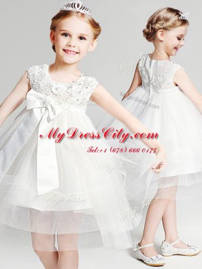 Scoop White Ball Gowns Appliques and Bowknot Flower Girl Dresses Zipper Tulle Sleeveless Knee Length