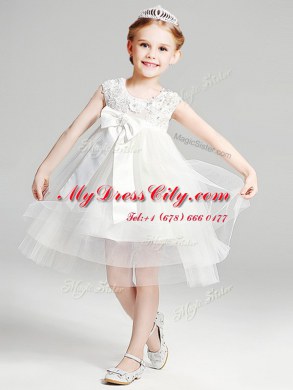 Scoop White Ball Gowns Appliques and Bowknot Flower Girl Dresses Zipper Tulle Sleeveless Knee Length