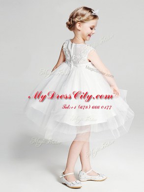 Scoop White Ball Gowns Appliques and Bowknot Flower Girl Dresses Zipper Tulle Sleeveless Knee Length