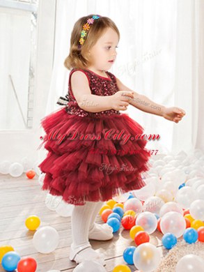 Fantastic Scoop Sequins Ruffled Mini Length Ball Gowns Sleeveless Wine Red Toddler Flower Girl Dress Zipper