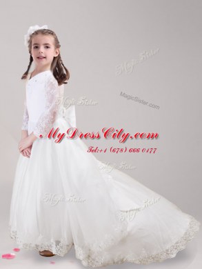 Nice Scoop Long Sleeves Brush Train Zipper With Train Lace and Bowknot Flower Girl Dresses for Less