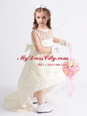 White A-line Fabric With Rolling Flowers Scoop Sleeveless Beading and Bowknot High Low Zipper Flower Girl Dress