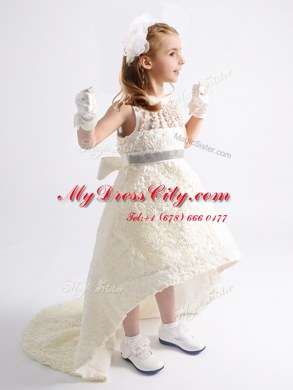 White A-line Fabric With Rolling Flowers Scoop Sleeveless Beading and Bowknot High Low Zipper Flower Girl Dress