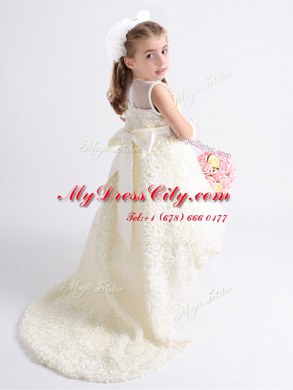 White A-line Fabric With Rolling Flowers Scoop Sleeveless Beading and Bowknot High Low Zipper Flower Girl Dress