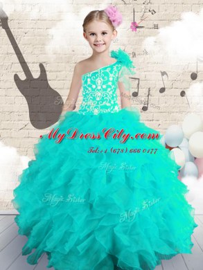 Lovely One Shoulder Aqua Blue Lace Up Little Girl Pageant Dress Embroidery and Ruffles and Hand Made Flower Sleeveless Floor Length