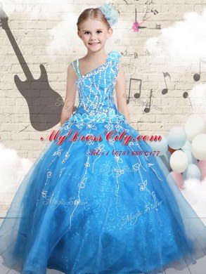 Floor Length Baby Blue Custom Made Pageant Dress Asymmetric Sleeveless Lace Up