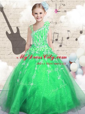 Super Green Organza Lace Up Party Dress for Girls Sleeveless Floor Length Beading and Appliques and Hand Made Flower