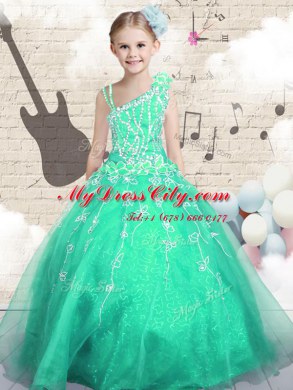 Best Appliques Kids Formal Wear Apple Green Lace Up Sleeveless Floor Length