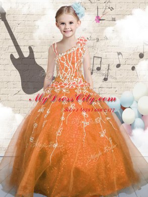 Orange Pageant Gowns For Girls Party and Wedding Party and For with Appliques Asymmetric Sleeveless Lace Up