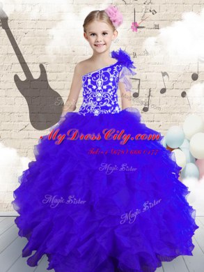 Floor Length Navy Blue Girls Pageant Dresses One Shoulder Sleeveless Lace Up