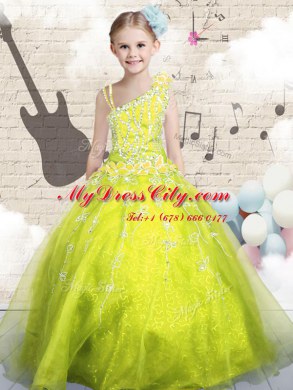 Yellow Green Lace Up Asymmetric Beading and Appliques and Hand Made Flower Winning Pageant Gowns Organza Sleeveless