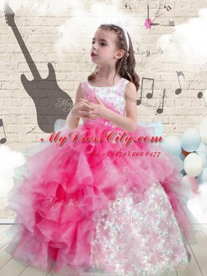 Low Price Scoop Hot Pink Sleeveless Beading and Ruffles Floor Length Kids Formal Wear