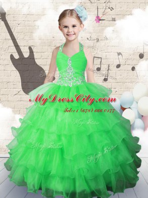 Halter Top Beading and Ruffled Layers Pageant Dresses Green Lace Up Sleeveless Floor Length