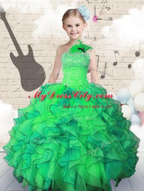 Low Price One Shoulder Sleeveless Beading and Ruffles Lace Up Little Girls Pageant Gowns