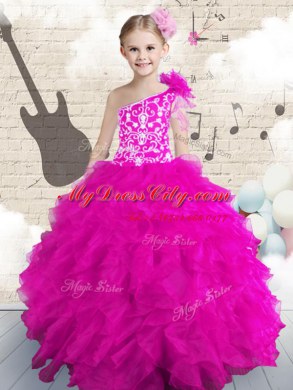 Fancy Hot Pink Lace Up One Shoulder Embroidery and Ruffles and Hand Made Flower Pageant Dress Organza Sleeveless