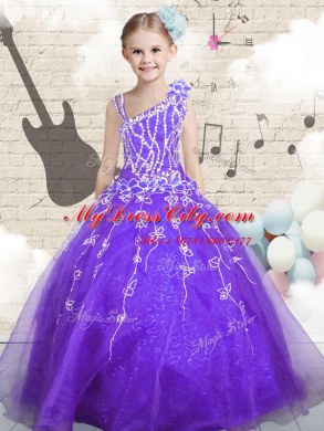 Custom Made Lilac Organza Lace Up Womens Party Dresses Sleeveless Floor Length Beading and Appliques and Hand Made Flower