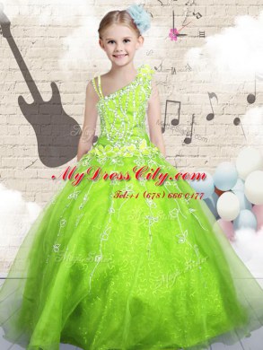 Fancy Apple Green Ball Gowns Asymmetric Sleeveless Organza Floor Length Lace Up Beading and Appliques and Hand Made Flower Juniors Party Dress