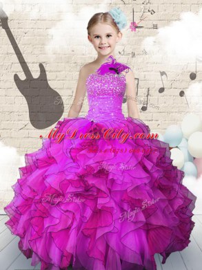 Fuchsia Lace Up One Shoulder Beading and Ruffles Pageant Gowns For Girls Organza Sleeveless