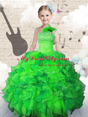 Green Ball Gowns Beading and Ruffles Casual Dresses Lace Up Organza Sleeveless Floor Length