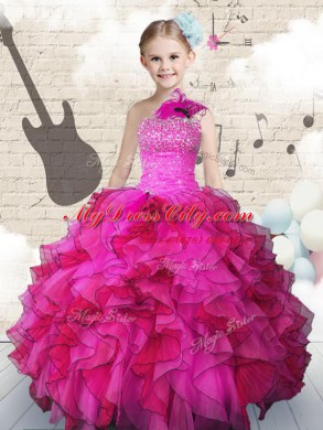 Stunning One Shoulder Hot Pink Sleeveless Beading and Ruffles Floor Length Party Dress for Toddlers