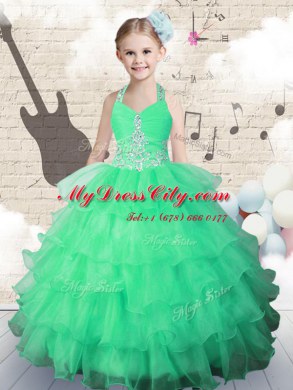 Custom Designed Halter Top Ruffled Floor Length Ball Gowns Sleeveless Green Pageant Dress for Teens Lace Up