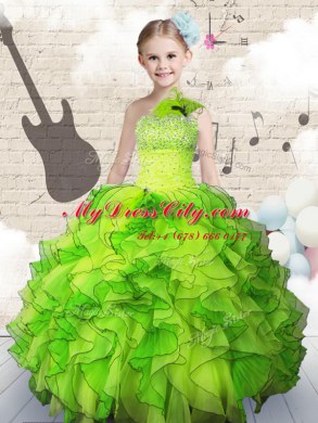 Floor Length Kids Pageant Dress One Shoulder Sleeveless Lace Up