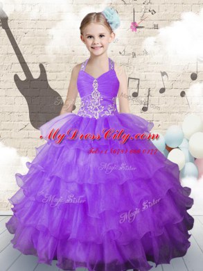 Lavender Ball Gowns Halter Top Sleeveless Organza Floor Length Lace Up Beading and Ruffled Layers Pageant Gowns For Girls