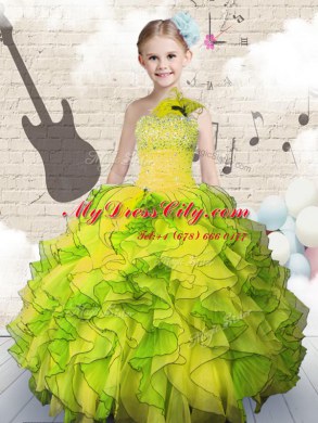 Sleeveless Floor Length Beading and Ruffles Lace Up Winning Pageant Gowns with Yellow Green