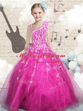 Hot Pink Tulle Lace Up Asymmetric Sleeveless Floor Length Kids Pageant Dress Beading