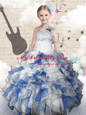 One Shoulder Blue And White Sleeveless Floor Length Beading and Ruffles Lace Up Pageant Dress for Girls