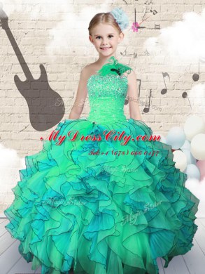 Nice One Shoulder Turquoise Lace Up Custom Made Beading and Ruffles Sleeveless Floor Length