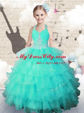 New Style Halter Top Floor Length Lace Up Glitz Pageant Dress Turquoise for Party and Wedding Party with Beading and Ruffled Layers