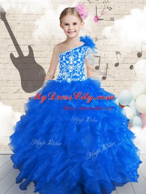 Custom Made One Shoulder Sleeveless Floor Length Embroidery and Ruffles and Hand Made Flower Lace Up Kids Formal Wear with Navy Blue