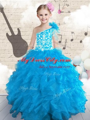 Popular Baby Blue Ball Gowns Organza One Shoulder Sleeveless Embroidery and Ruffles and Hand Made Flower Floor Length Lace Up Party Dress Wholesale