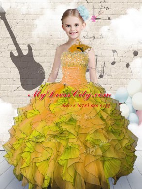 Orange Lace Up Strapless Beading and Ruffles Kids Formal Wear Organza Sleeveless