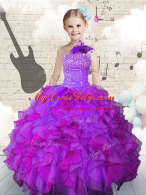 One Shoulder Purple Sleeveless Beading and Ruffles Floor Length Little Girl Pageant Dress