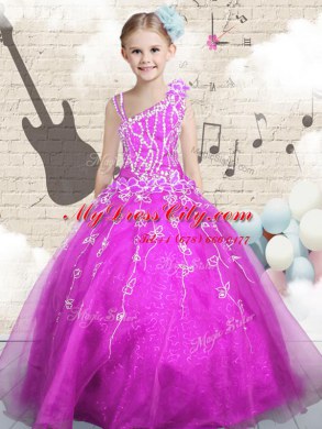 New Arrival Sleeveless Lace Up Floor Length Beading and Appliques and Hand Made Flower Little Girl Pageant Dress