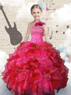 Enchanting One Shoulder Sleeveless Organza Little Girl Pageant Gowns Beading and Ruffles Lace Up