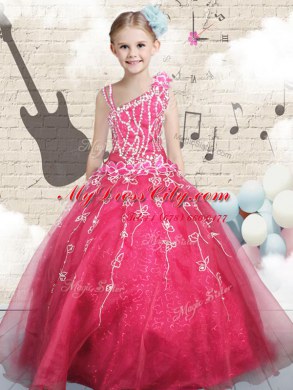 Simple Red Asymmetric Neckline Appliques Little Girls Pageant Dress Sleeveless Lace Up