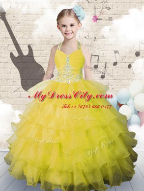 Fashion Halter Top Yellow Green Lace Up Little Girls Pageant Dress Wholesale Beading and Ruffled Layers Sleeveless Floor Length